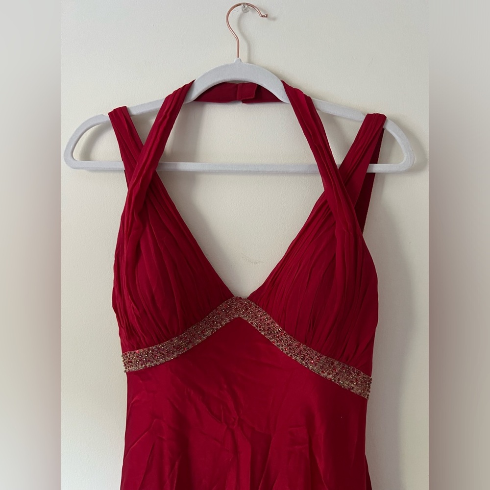 Adrianna Papell Boutique Red Evening Gown 100% Satin Beaded Maxi Dress Size 8